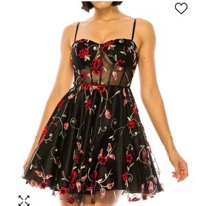 B Darlin Black Dress with Red Floral Embroidery